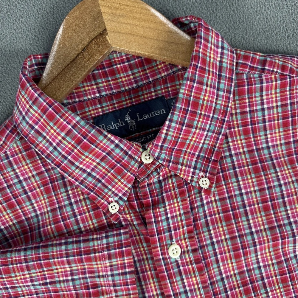 Ralph Lauren Shirt Mens Large Red Pink Colorful Plaid Classic Pony Smart Casual